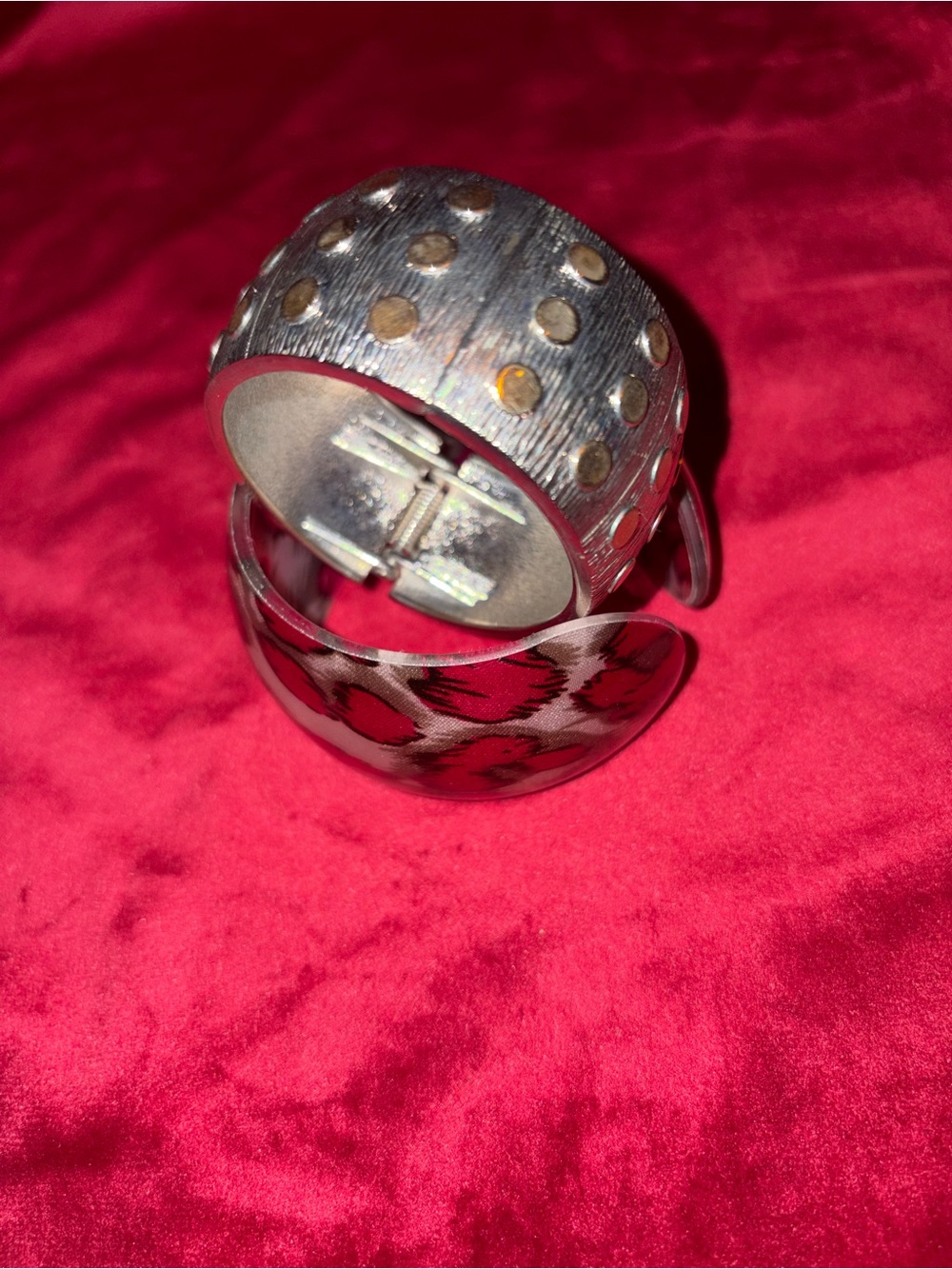 Silver Tone Studded Bangle and Silver & Fuchsia  Animal Print Cuff Bracelet Set